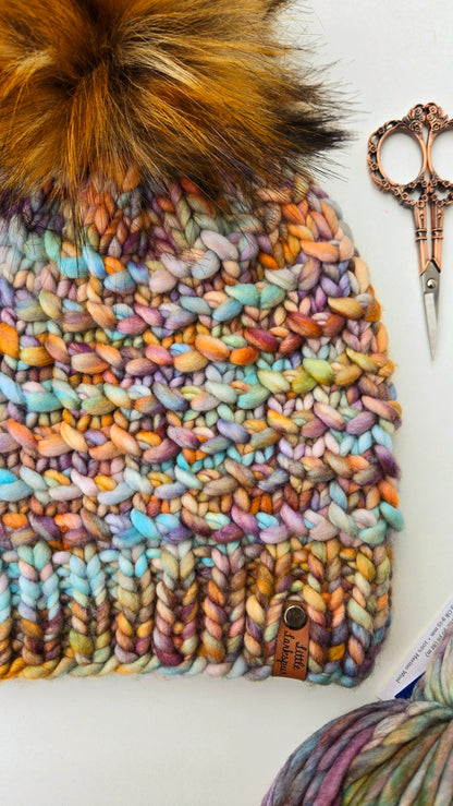 Luxury Adult Merino Wool Hand Knit Hat - Turquoise + Copper