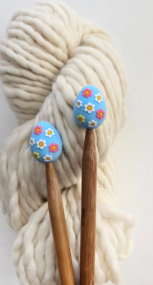 Blue Floral Easter Egg Knitting Needle Stitch Stoppers