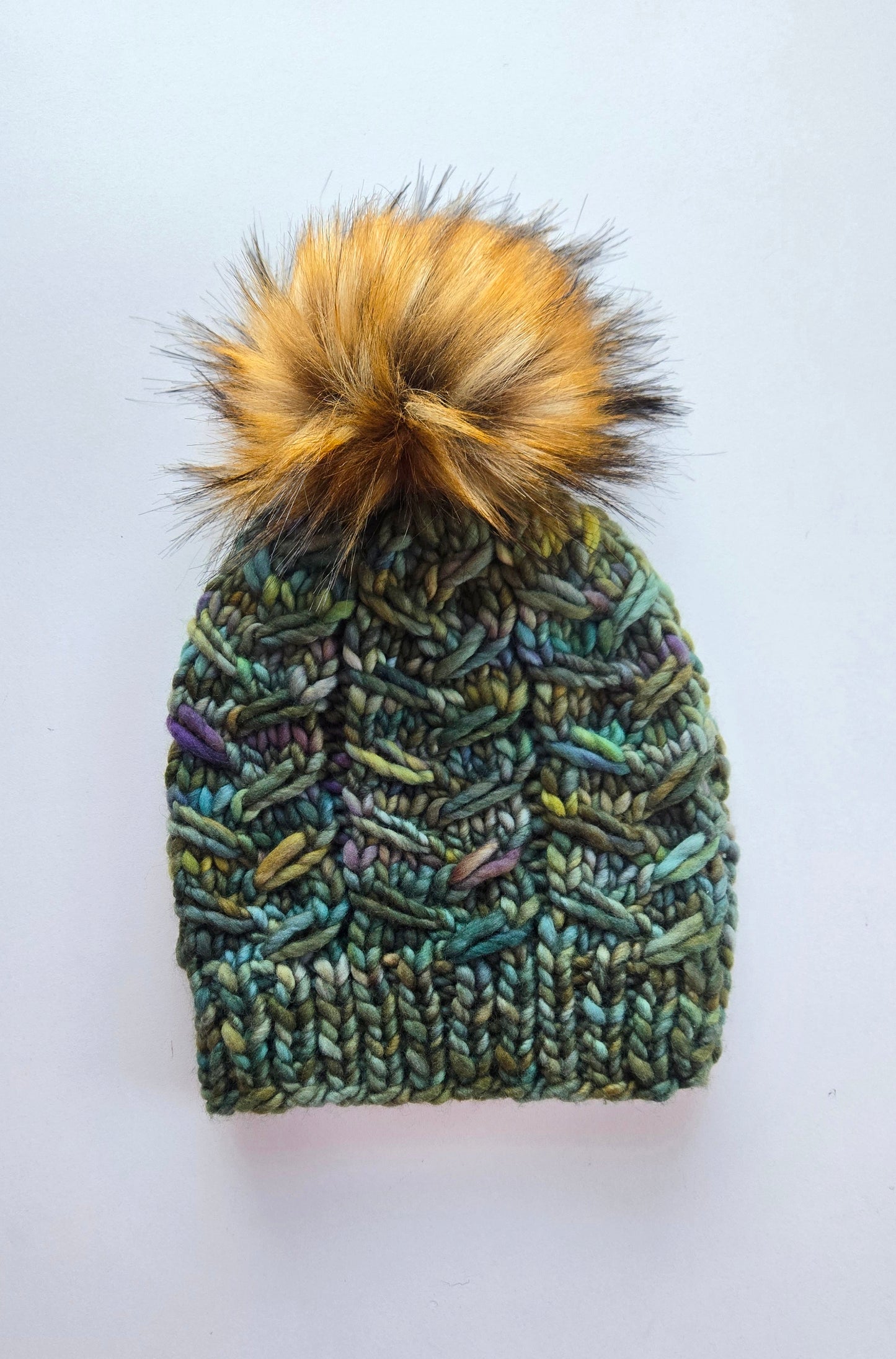 Merino Wool Adult Hand Knit Hat w/ Faux Fur Pom Pom