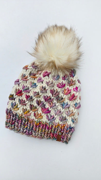 Handknit Adult Hat w/ Faux Fur Pom