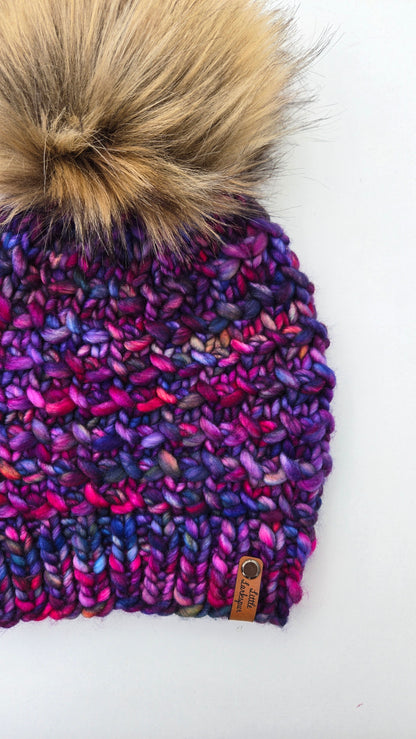 Luxury Adult Merino Wool Hand Knit Hat - Deep Purples + Blues