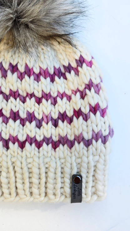 Luxury Adult Merino Wool Hand Knit Hat - White Purple Pink