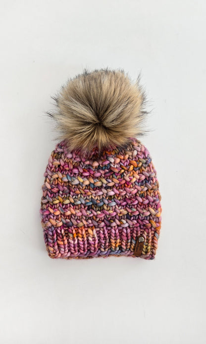Luxury Adult Merino Wool Hand Knit Hat - Pink Pastel Rainbow