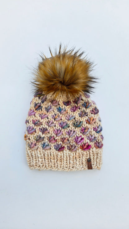 Handknit Adult Hat w/ Faux Fur Pom