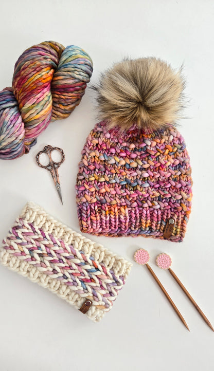 Luxury Adult Merino Wool Hand Knit Hat - Pink Pastel Rainbow