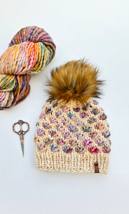 Handknit Adult Hat w/ Faux Fur Pom