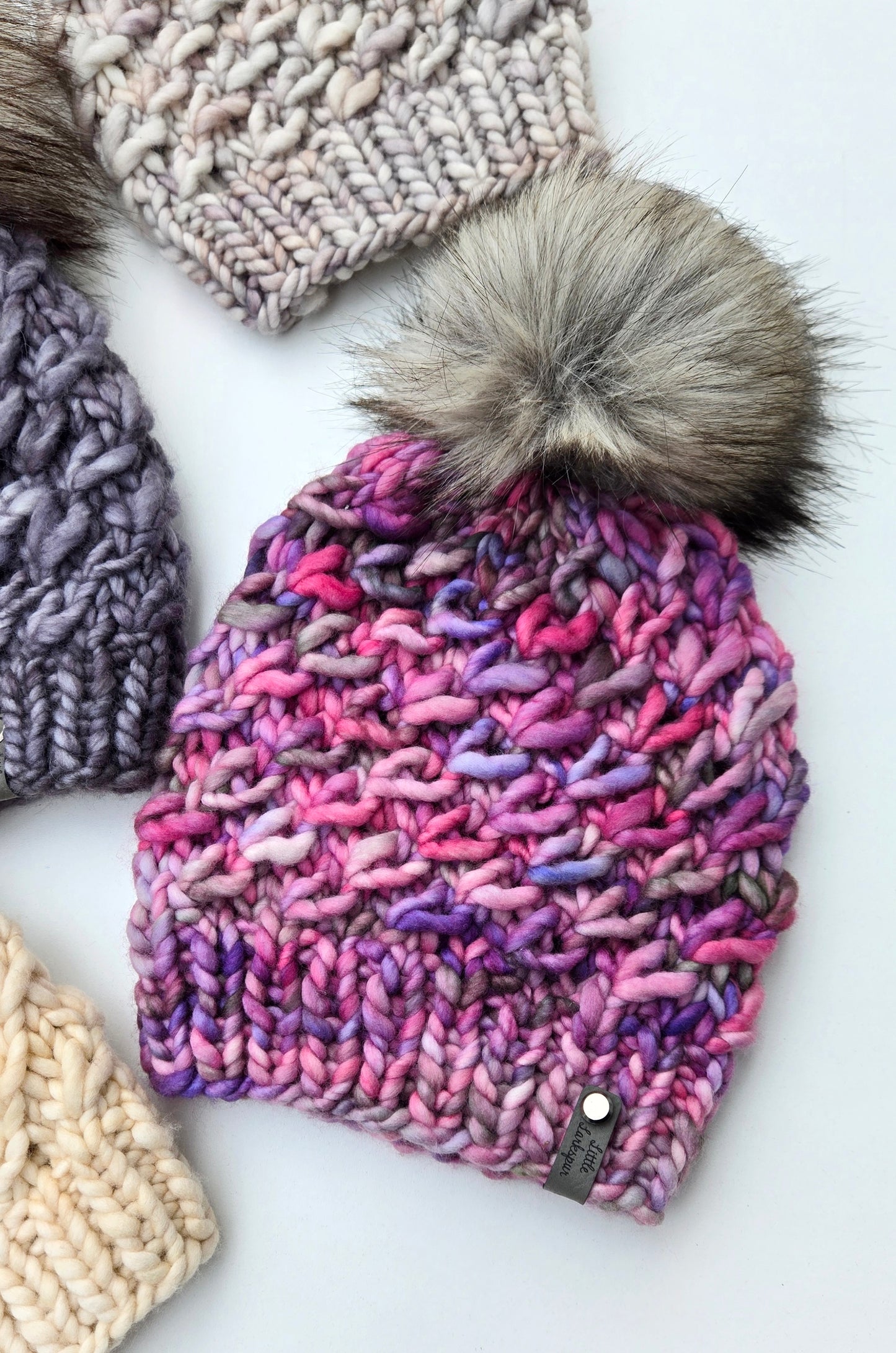 Luxury Adult Merino Wool Hand Knit Hat - Purple Pink Gray