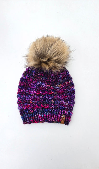 Luxury Adult Merino Wool Hand Knit Hat - Deep Purples + Blues
