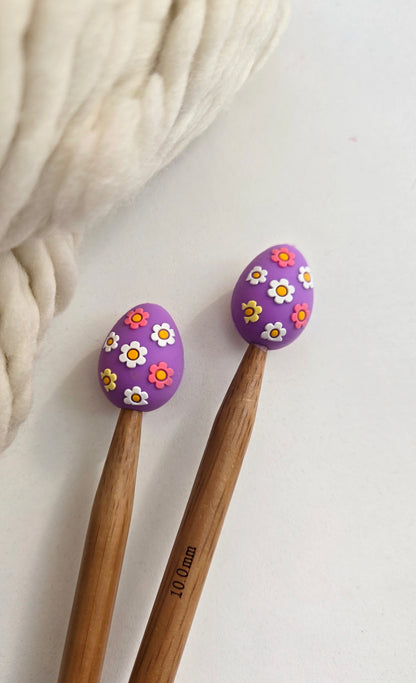 Purple Floral Easter Egg Knitting Needle Stitch Stoppers