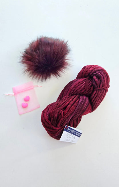 Valentine's Yarn + Pom Kit ❤️:  Deep Merlot Pom + Stitch Red Rasta
