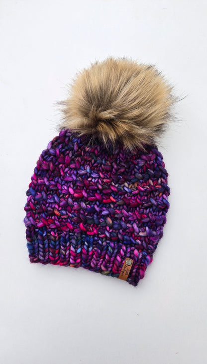 Luxury Adult Merino Wool Hand Knit Hat - Deep Purples + Blues