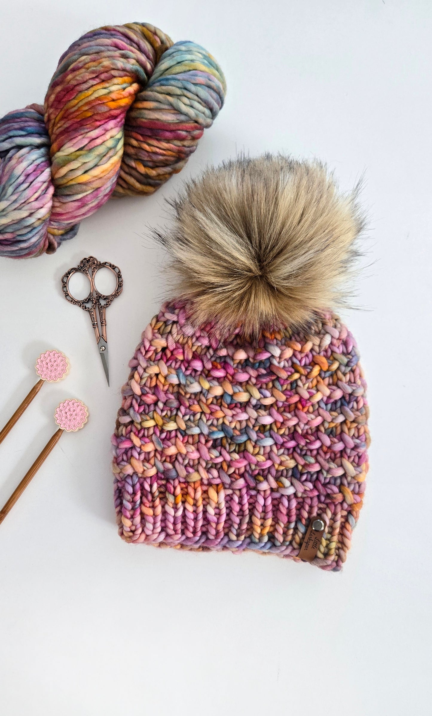 Luxury Adult Merino Wool Hand Knit Hat - Pink Pastel Rainbow