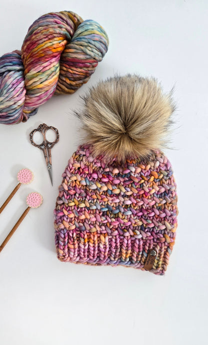 Luxury Adult Merino Wool Hand Knit Hat - Pink Pastel Rainbow