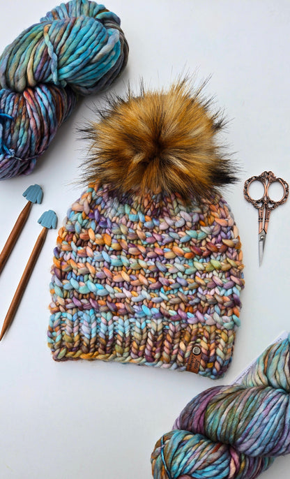 Luxury Adult Merino Wool Hand Knit Hat - Turquoise + Copper