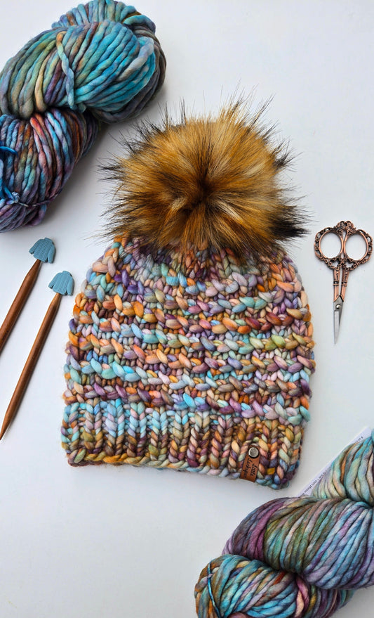 Luxury Adult Merino Wool Hand Knit Hat - Turquoise + Copper