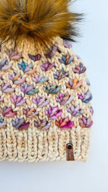 Handknit Adult Hat w/ Faux Fur Pom