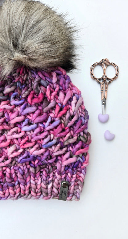Luxury Adult Merino Wool Hand Knit Hat - Purple Pink Gray