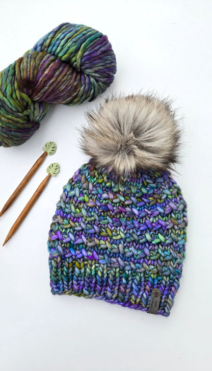 Luxury Adult Merino Wool Hand Knit Hat - Blues + Greens
