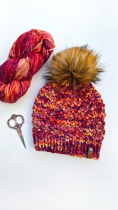 Luxury Adult Merino Wool Hand Knit Hat - Reds, Oranges, and Copper