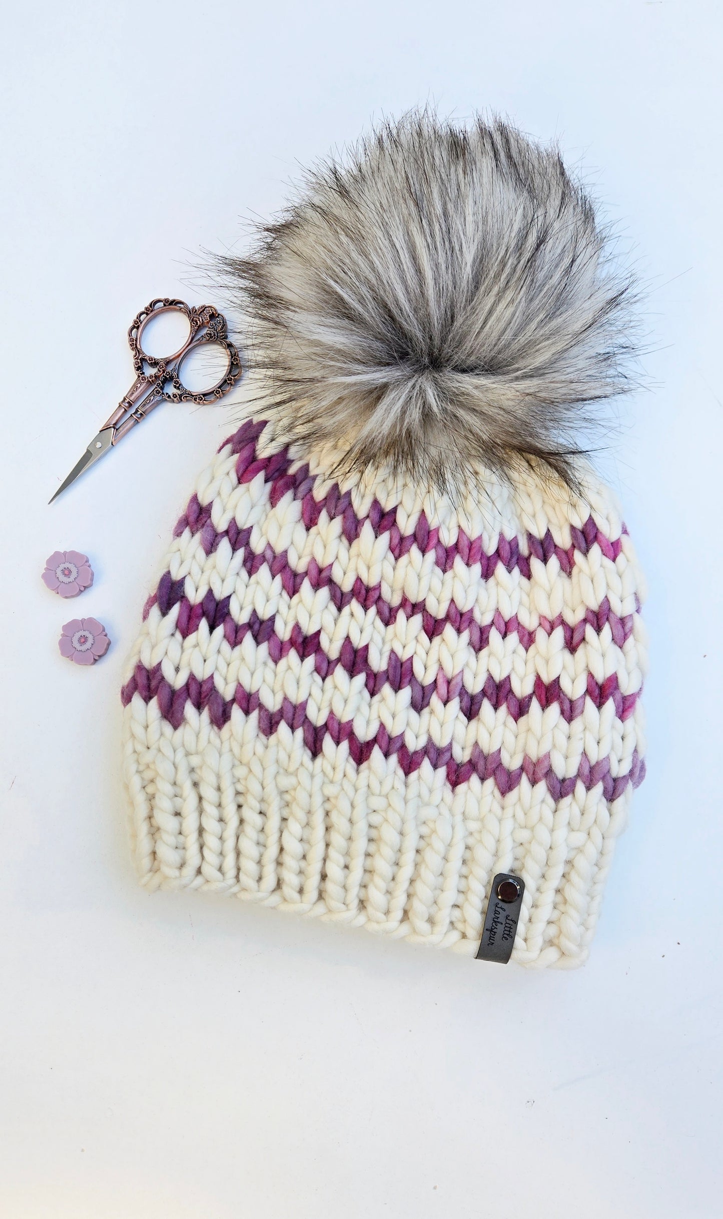 Luxury Adult Merino Wool Hand Knit Hat - White Purple Pink