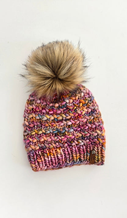 Luxury Adult Merino Wool Hand Knit Hat - Pink Pastel Rainbow