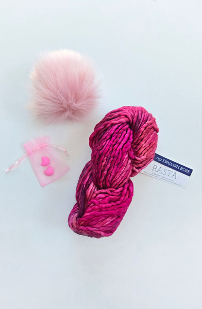 Valentine's Yarn + Pom Kit 🩷:  Blush Pink Pom + English Rose Rasta