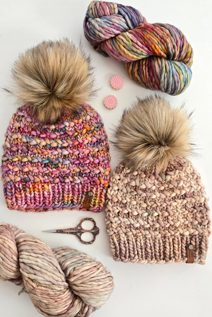 Luxury Adult Merino Wool Hand Knit Hat - Pink Pastel Rainbow