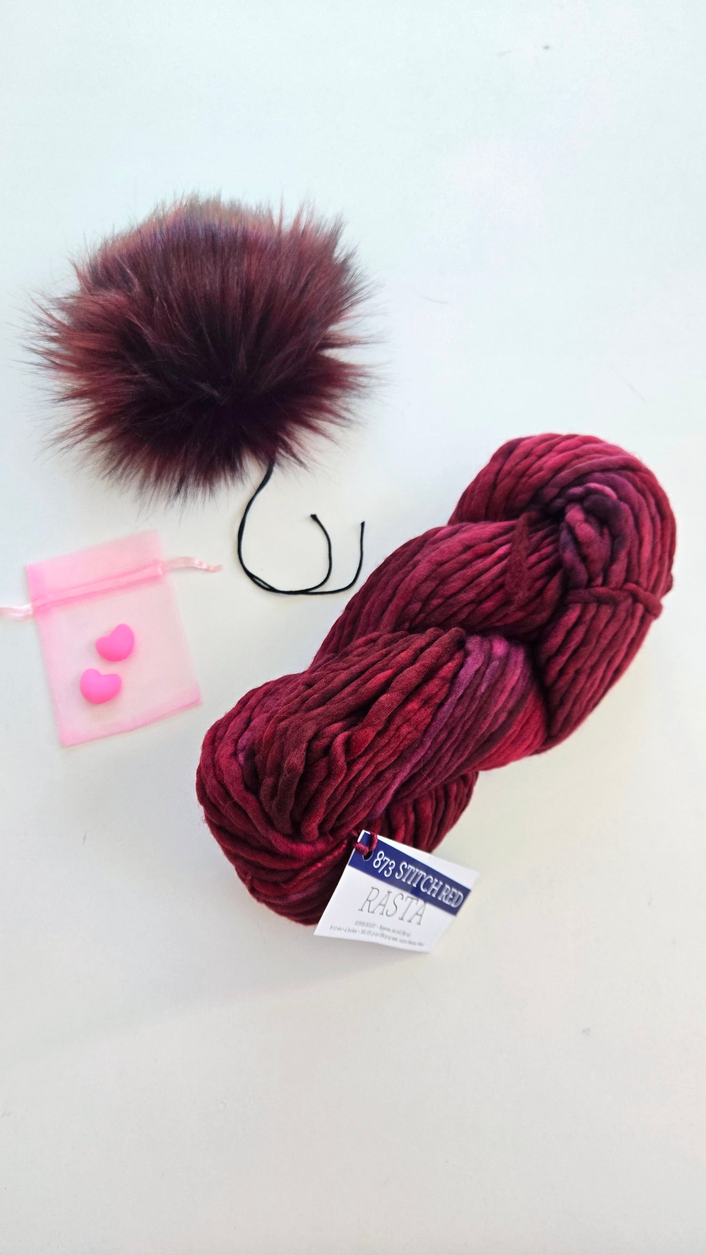 Valentine's Yarn + Pom Kit ❤️:  Deep Merlot Pom + Stitch Red Rasta