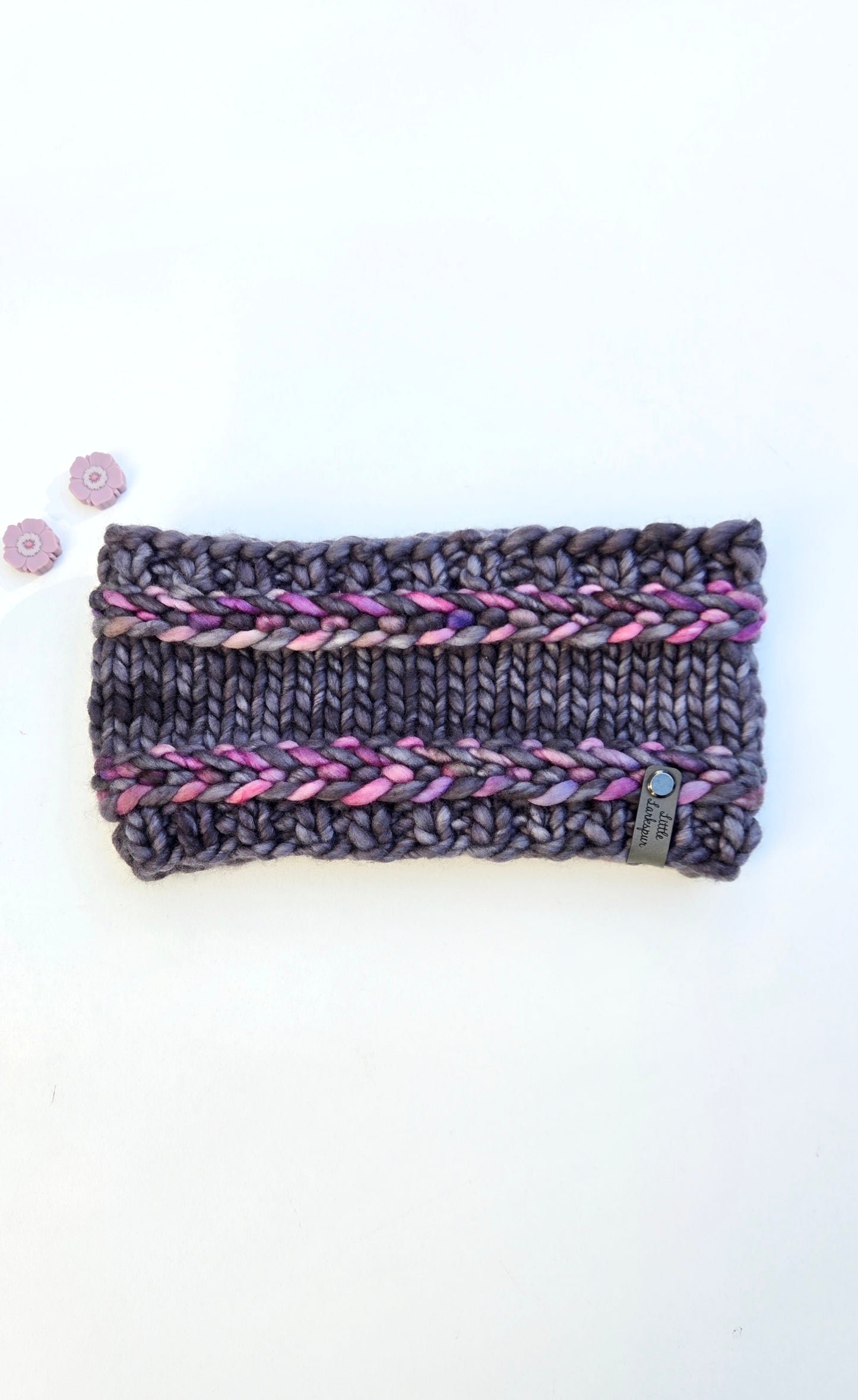 Merino Wool Adult Headband - Dark Gray, Purple Pinks