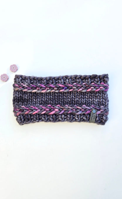 Merino Wool Adult Headband - Dark Gray, Purple Pinks