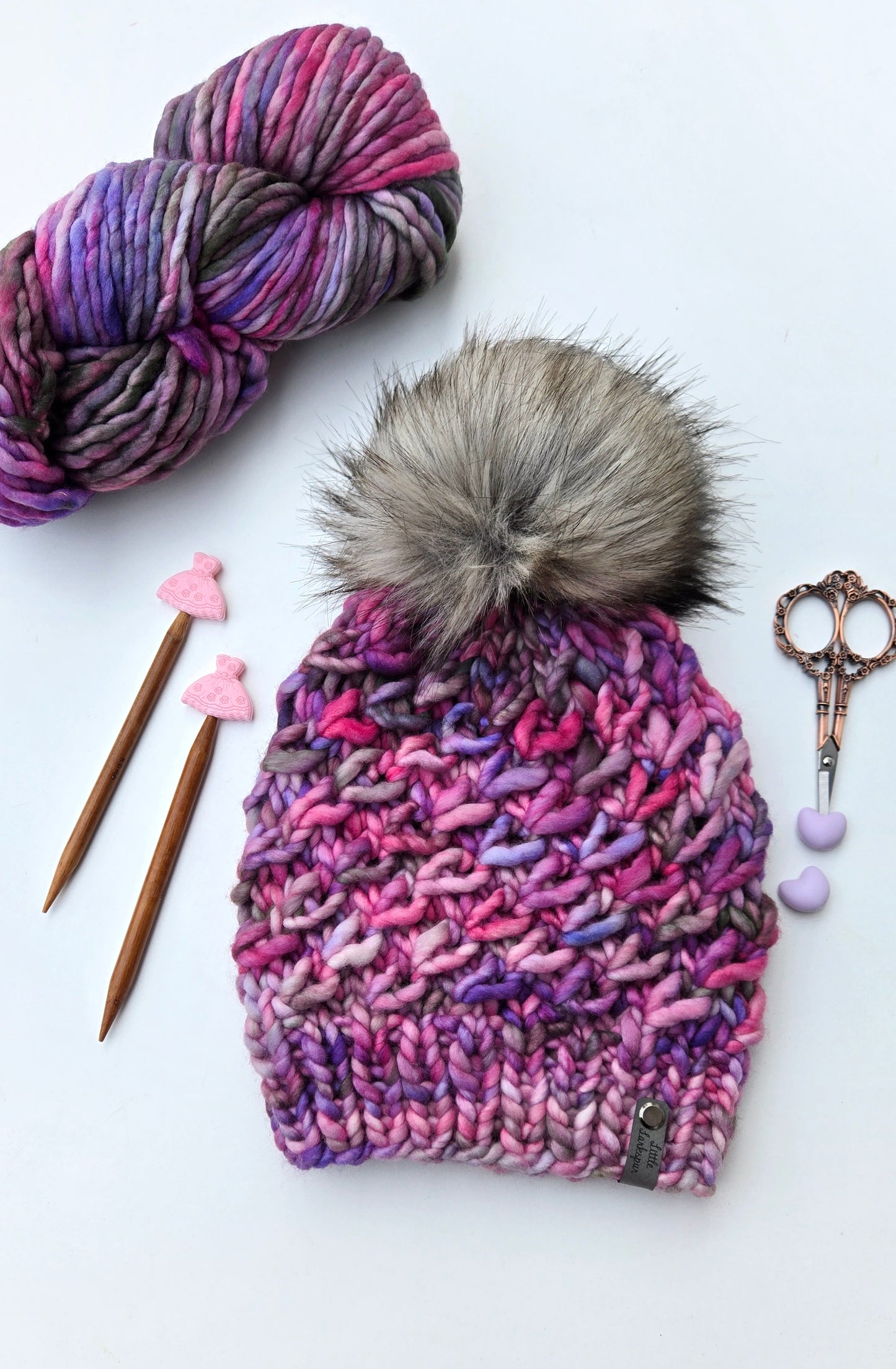 Luxury Adult Merino Wool Hand Knit Hat - Purple Pink Gray