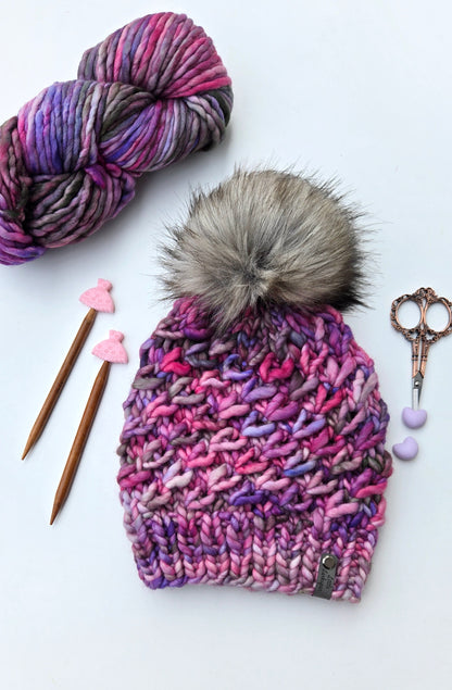 Luxury Adult Merino Wool Hand Knit Hat - Purple Pink Gray