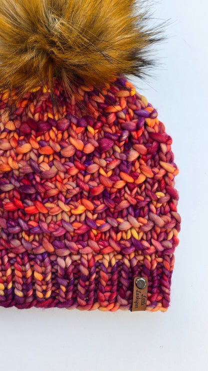 Luxury Adult Merino Wool Hand Knit Hat - Reds, Oranges, and Copper