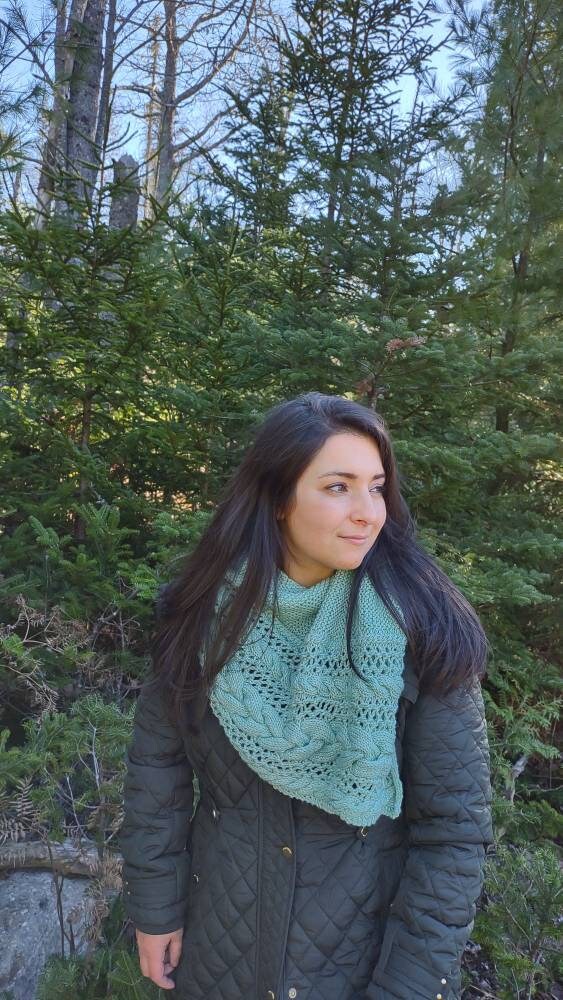 Cabled Hand Knit Shawl, Triangle Scarf. Luxurious Cabled Lace Shawl. 100% Soft Merino Shawl. Water Green Shawl, Scarf. Cozy Winter Shawl