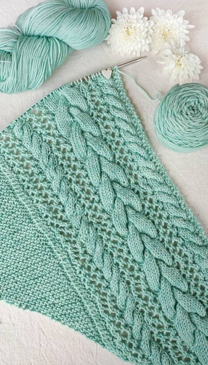 Cabled Hand Knit Shawl, Triangle Scarf. Luxurious Cabled Lace Shawl. 100% Soft Merino Shawl. Water Green Shawl, Scarf. Cozy Winter Shawl