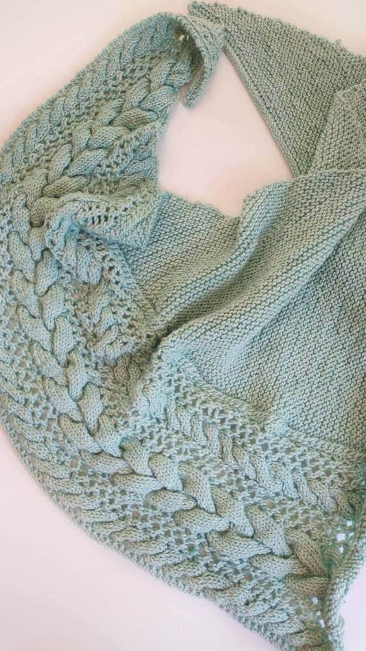 Cabled Hand Knit Shawl, Triangle Scarf. Luxurious Cabled Lace Shawl. 100% Soft Merino Shawl. Water Green Shawl, Scarf. Cozy Winter Shawl