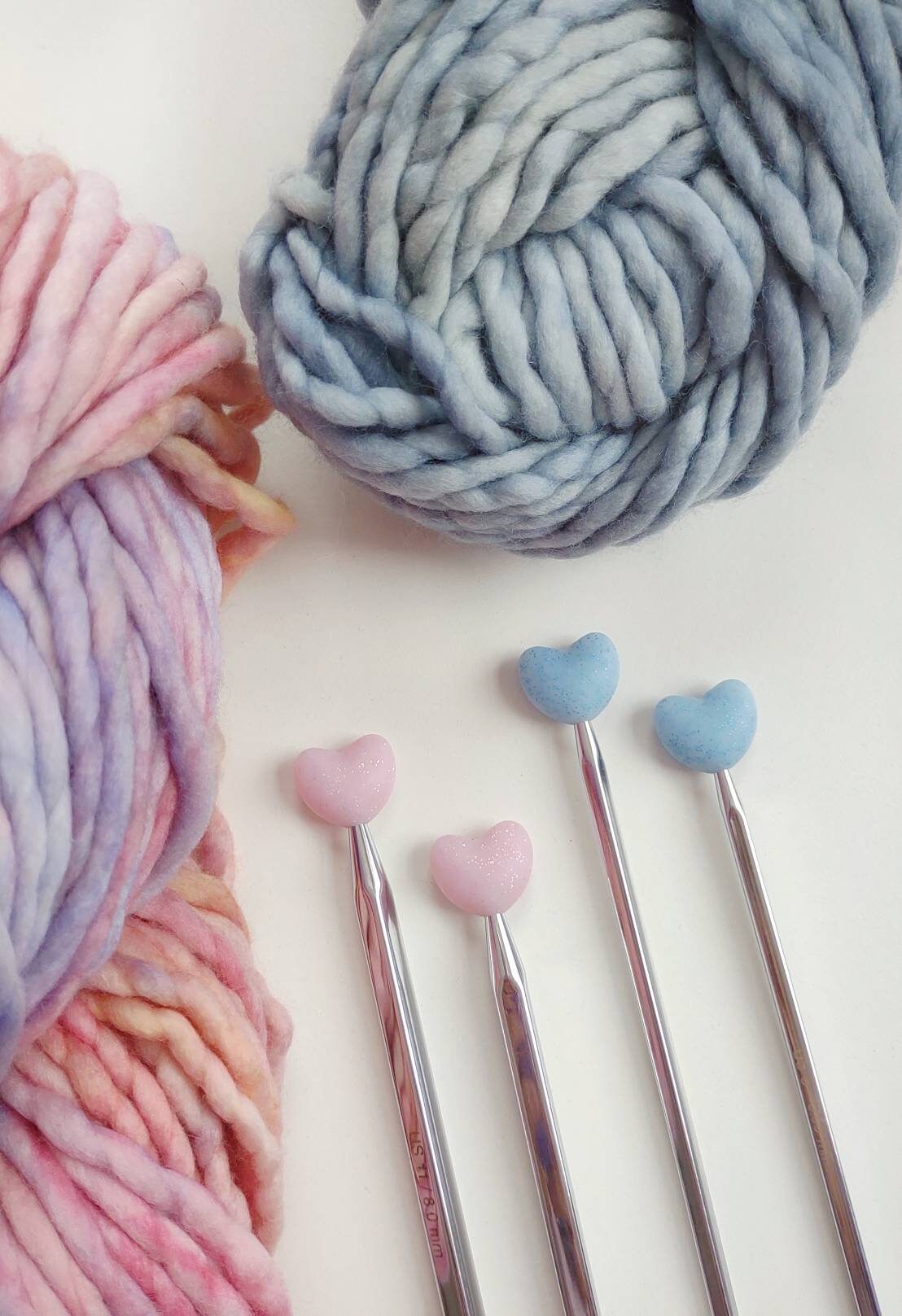 Light Blue Sparkly Heart Knitting Needle Stitch Stoppers. Needle Protectors. Knitting Notions, Accessories, Supplies, Tools. Valentine's Day