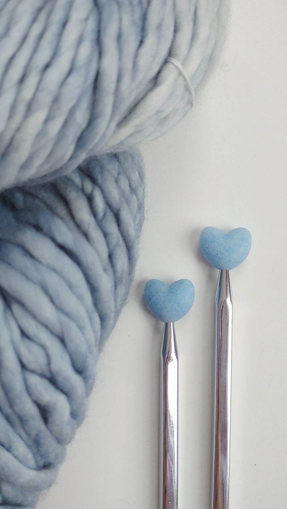 Light Blue Sparkly Heart Knitting Needle Stitch Stoppers. Needle Protectors. Knitting Notions, Accessories, Supplies, Tools. Valentine's Day