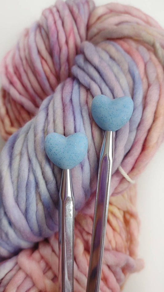 Light Blue Sparkly Heart Knitting Needle Stitch Stoppers. Needle Protectors. Knitting Notions, Accessories, Supplies, Tools. Valentine's Day