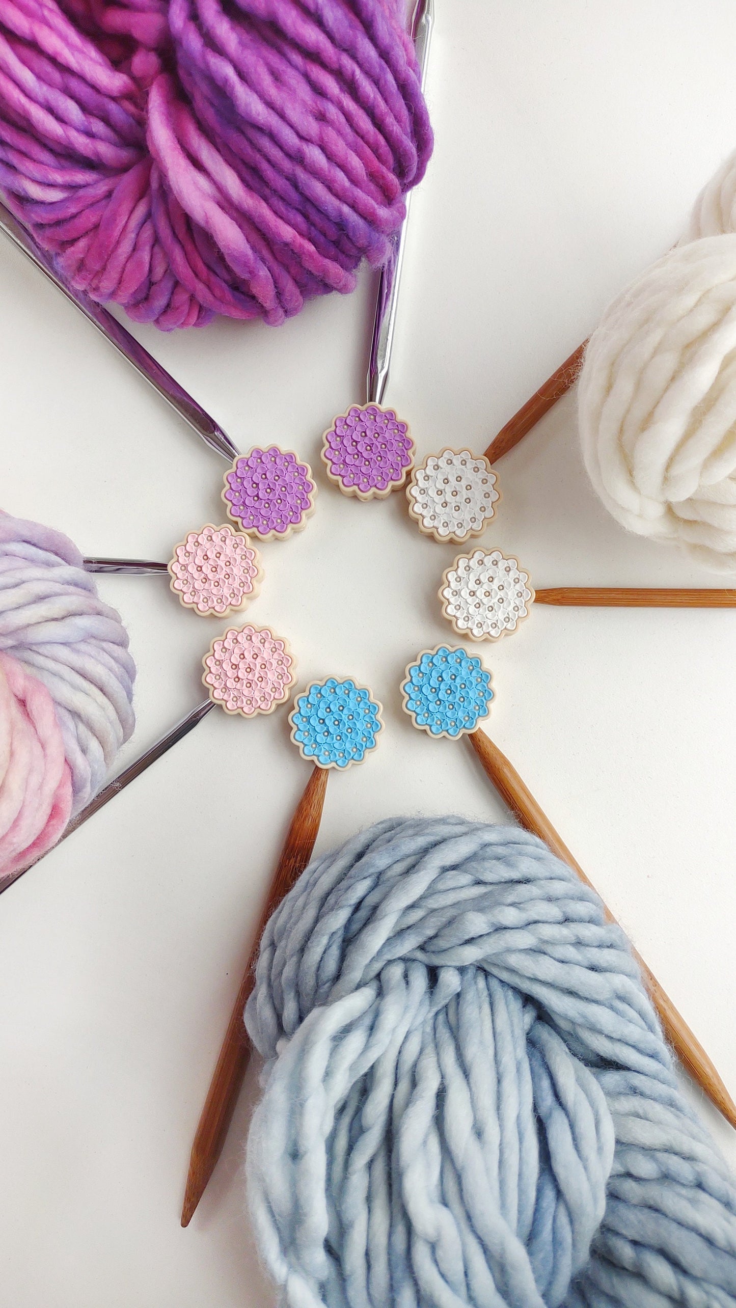 White Hydrangea Knitting Needle Stitch Stoppers. Needle Protectors. Knitting Needle Stoppers. Flower Knitting Notions Accessories Supplies.