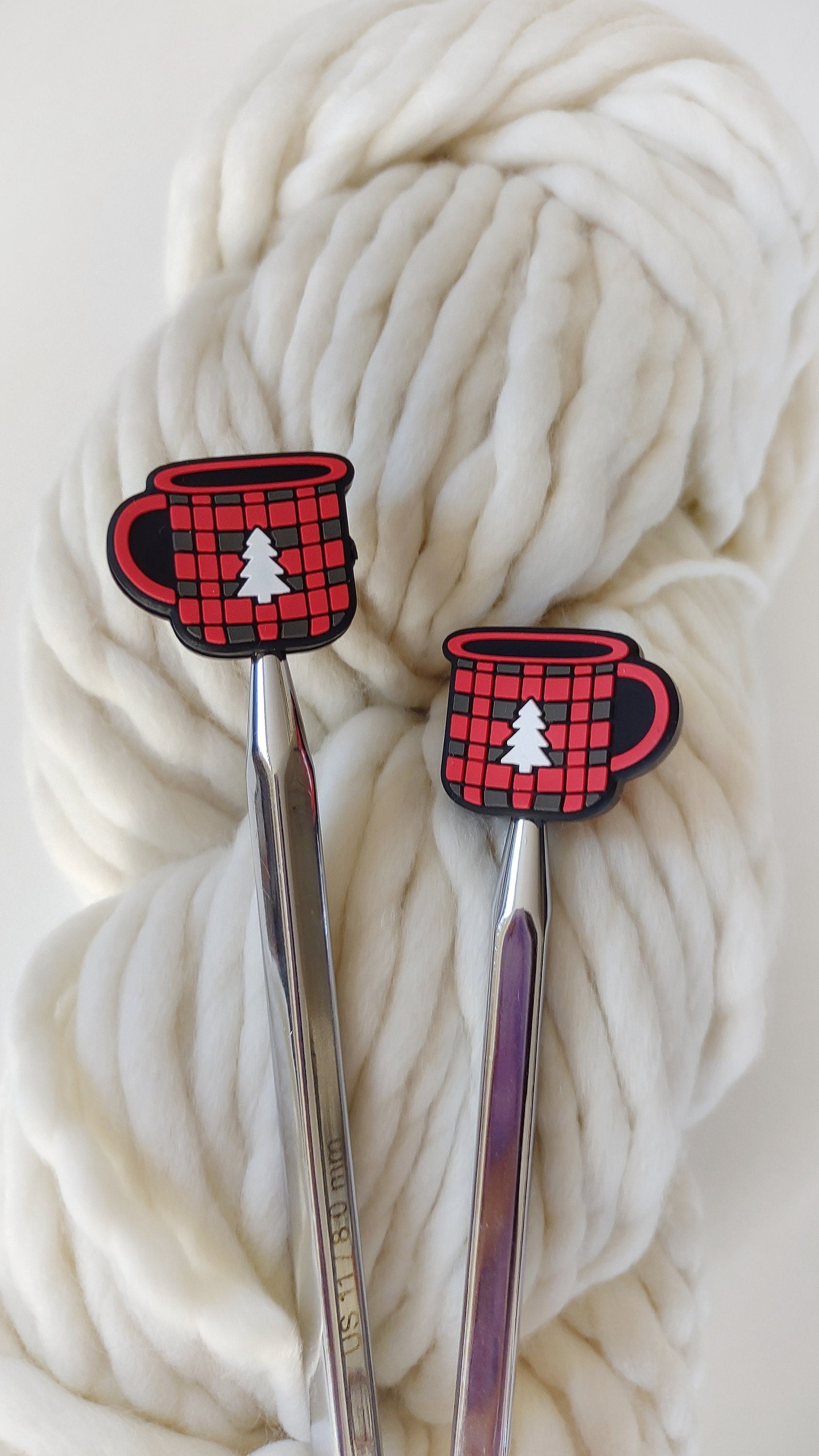 Red Plaid Christmas Tree Cocoa Mug Knitting Needle Stitch Stoppers. Protectors. Needle Stoppers. Notions, Accessories, Supplies, Tools