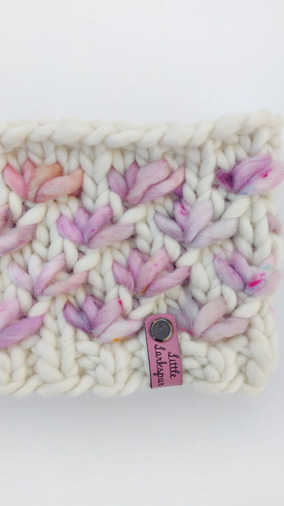 Merino Wool Adult Headband Lotus Flower Headband. Blush pink purple cream colors. Comfy Ear Warmer. Malabrigo. Winter hand knit Headwamer