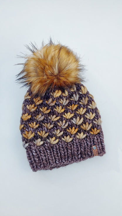 Handknit Adult Hat with Faux Fur Pom Pom. 100% Merino Wool. Lotus Flower Beanie. Dark Gray w/ Golden honey Colors. Soft Cozy. READY TO SHIP