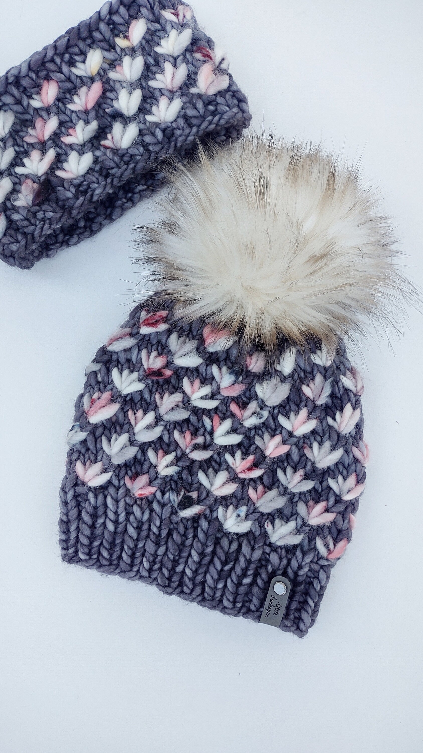 Handknit Adult Hat w/ Faux Fur Pom. 100% Merino Wool. Lotus Flower Beanie. Dark Gray, Pinks, Blush Super Soft Winter Hat. Ready to ship.