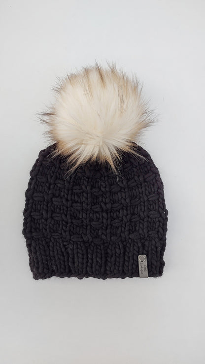 Luxury Classic Black Merino Wool Adult Hand Knit Hat w/ Faux Fur Pom Pom. River Lily Beanie. High quality knit beanie. Black Hat Malabrigo