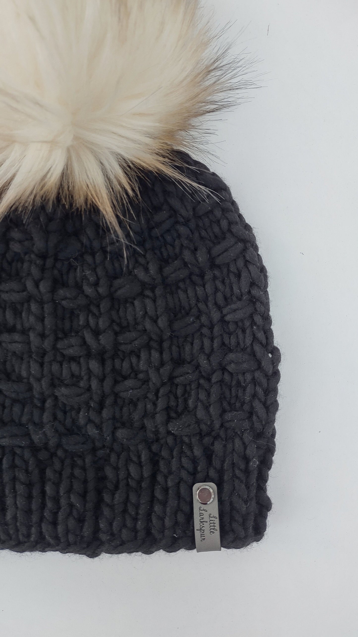 Luxury Classic Black Merino Wool Adult Hand Knit Hat w/ Faux Fur Pom Pom. River Lily Beanie. High quality knit beanie. Black Hat Malabrigo