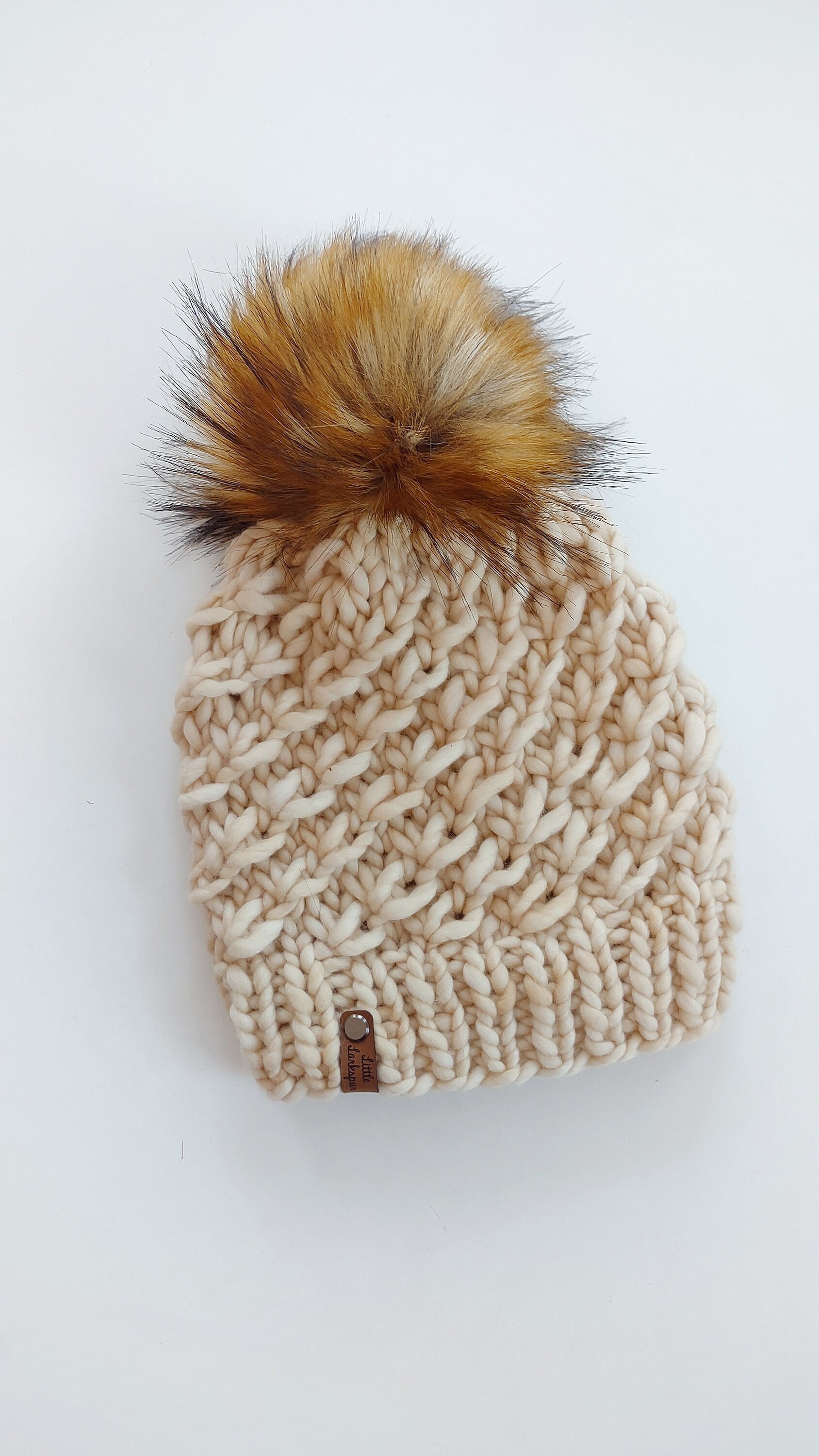 Luxury Cream Adult Merino Wool Hand Knit Hat. Crush Hat. Soft hand knitted hat. Malabrigo Rasta. Off White beanie with faux fur pom pom.