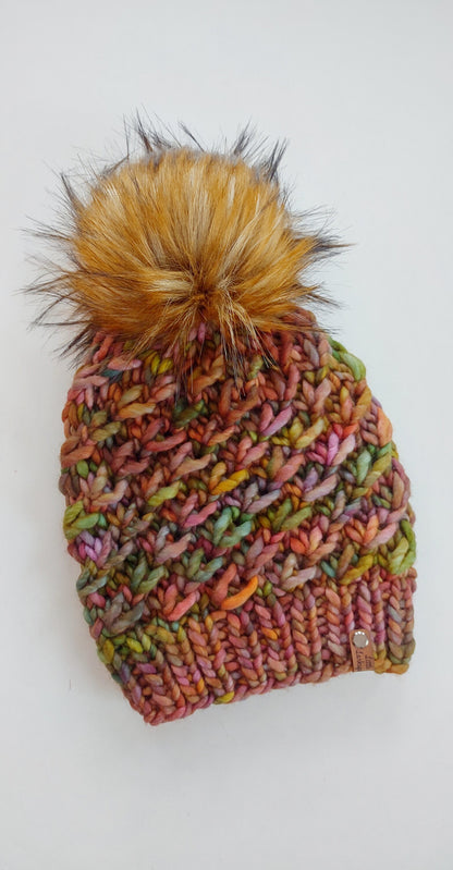 Luxury Adult Merino Wool Hand Knit Hat. Crush Hat. Soft hand knitted hat. Malabrigo Rasta. Coppery Autumn colors beanie with faux fur pom.