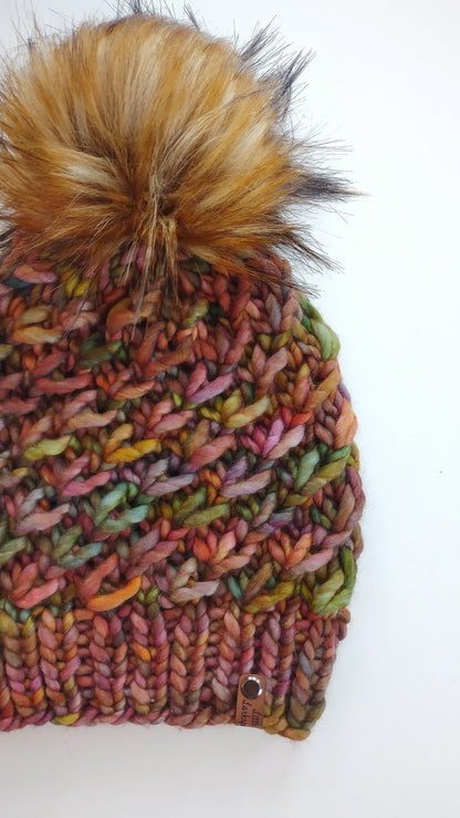 Luxury Adult Merino Wool Hand Knit Hat. Crush Hat. Soft hand knitted hat. Malabrigo Rasta. Coppery Autumn colors beanie with faux fur pom.