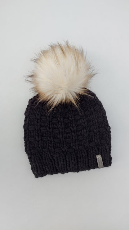 Luxury Classic Black Merino Wool Adult Hand Knit Hat w/ Faux Fur Pom Pom. River Lily Beanie. High quality knit beanie. Black Hat Malabrigo